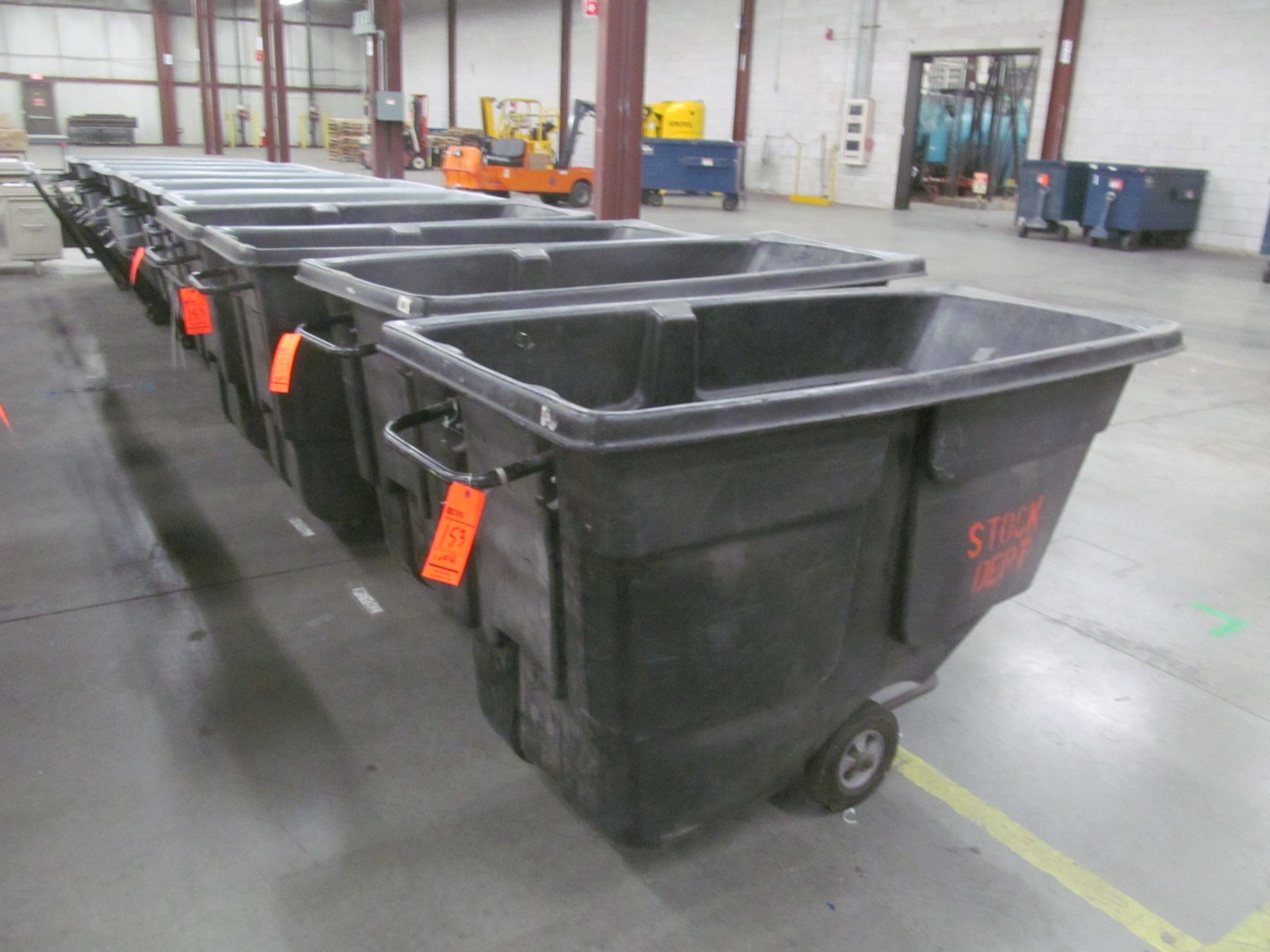 Lot of (5) assorted black self-dumping hoppers with metal frames and plastic hopper-(1) yard