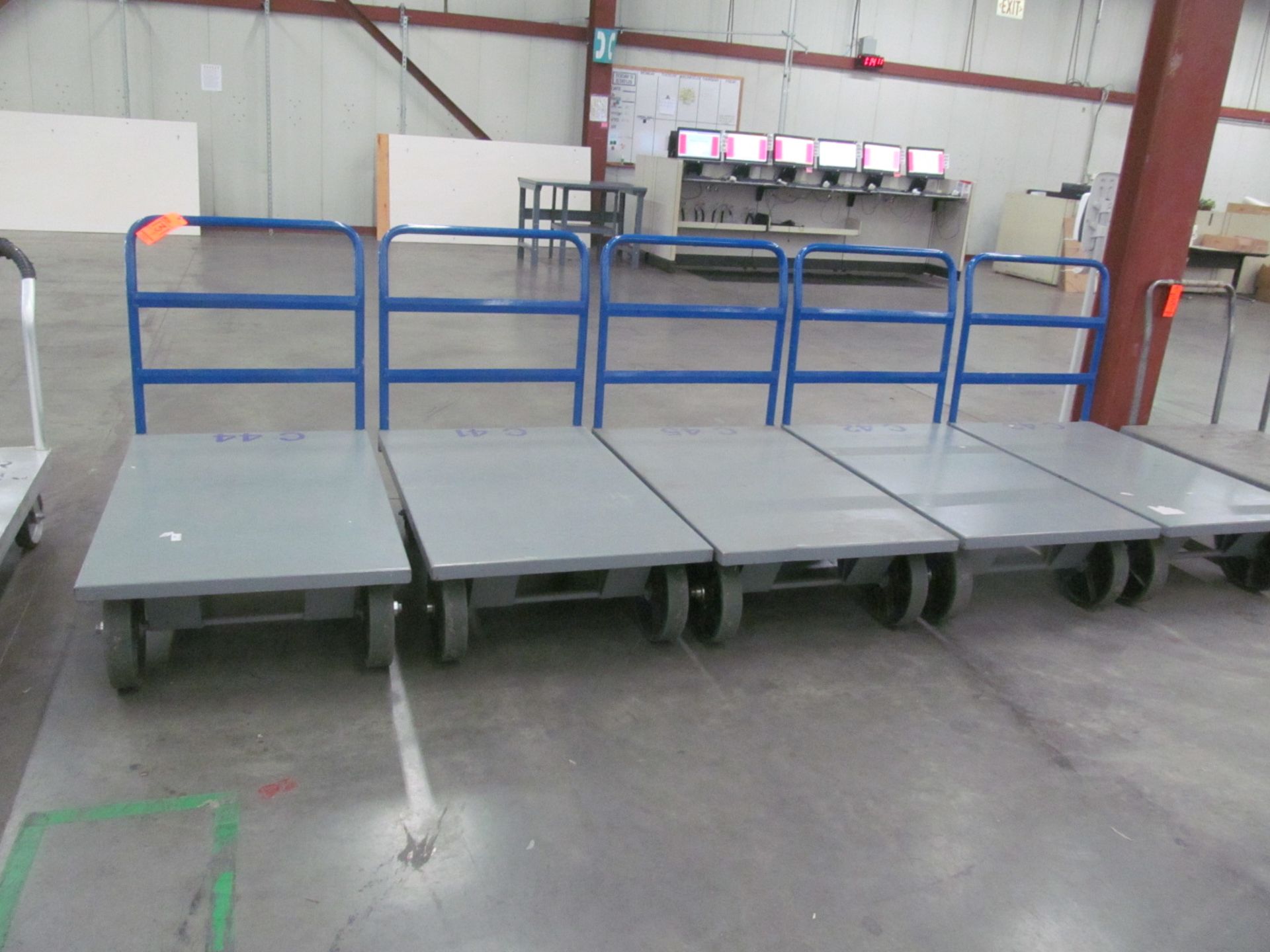 Lot of (5) heavy duty steel platform shop carts with removable handles, 30" x 40" platform