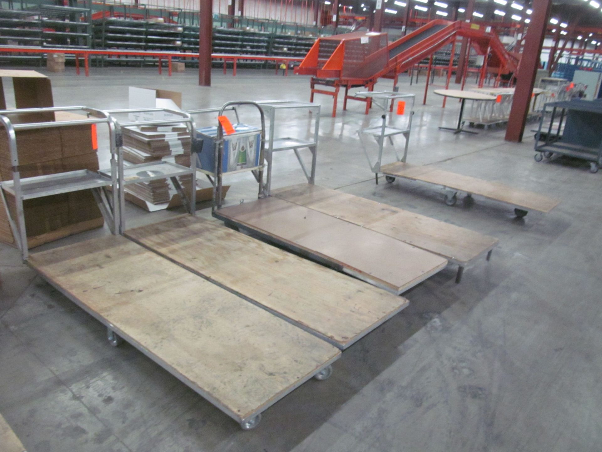 Lot of (5) aluminum framed, wood platform, 24" x 72" specialty shop carts with handle and