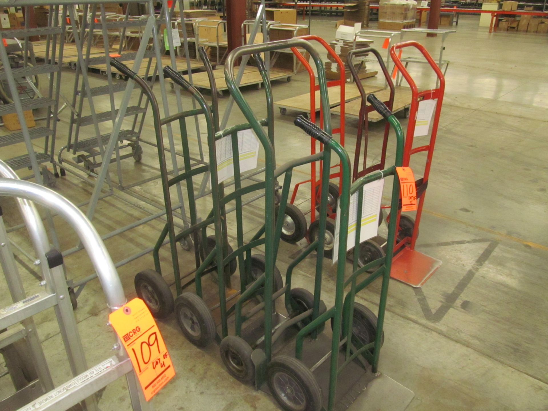 Lot of (6) assorted 2 wheel hand trucks, all solid tires