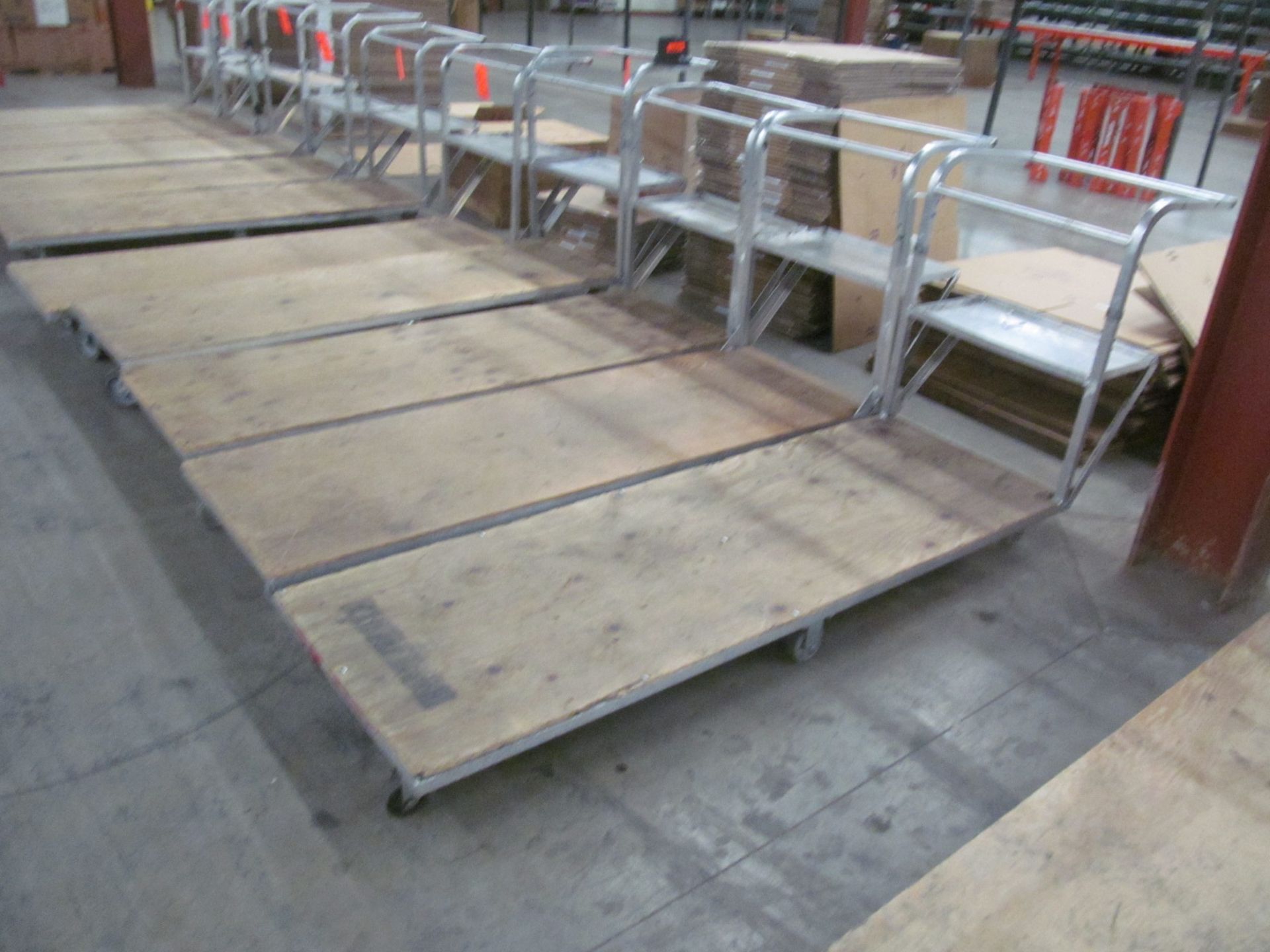 Lot of (5) aluminum framed, wood platform, 24" x 72" specialty shop carts with handle and