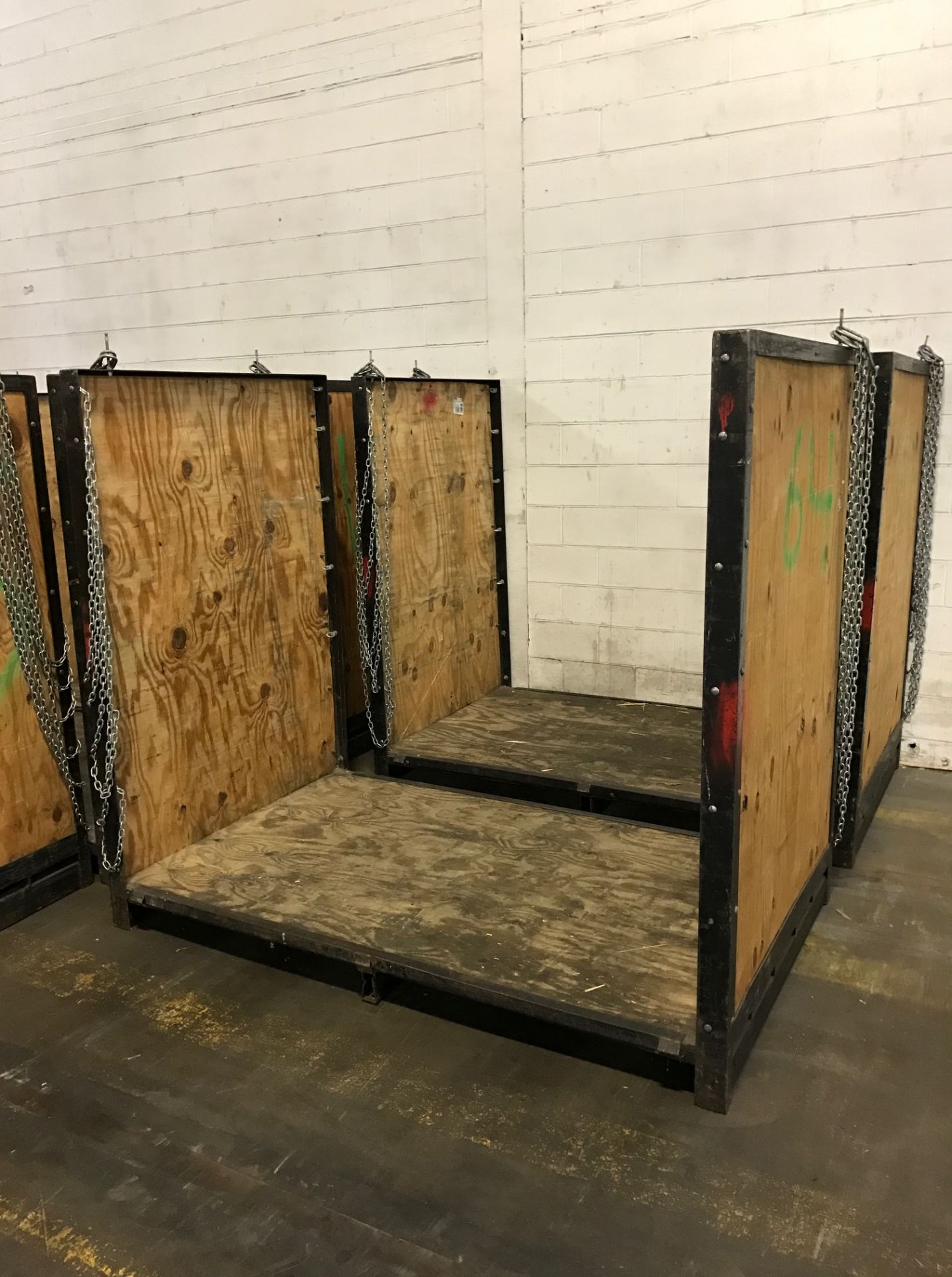 Lot (9) assorted product carriers, 4' X 6' X 5'H, metal framed with wood sides and floor