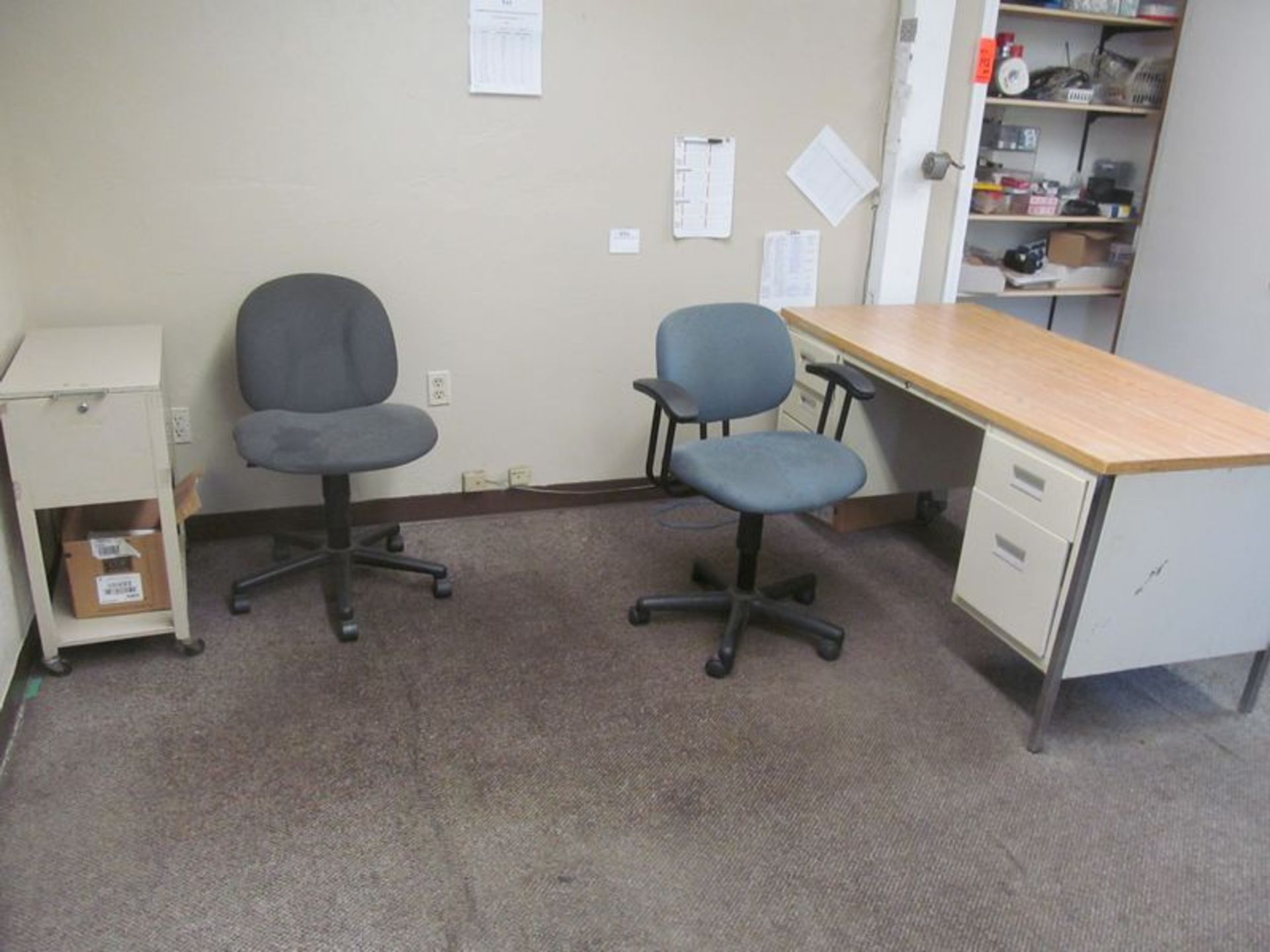 Lot of assorted furniture, including: (2) assorted desks, (4) chairs, (1) tub file, (1) 5 drawer