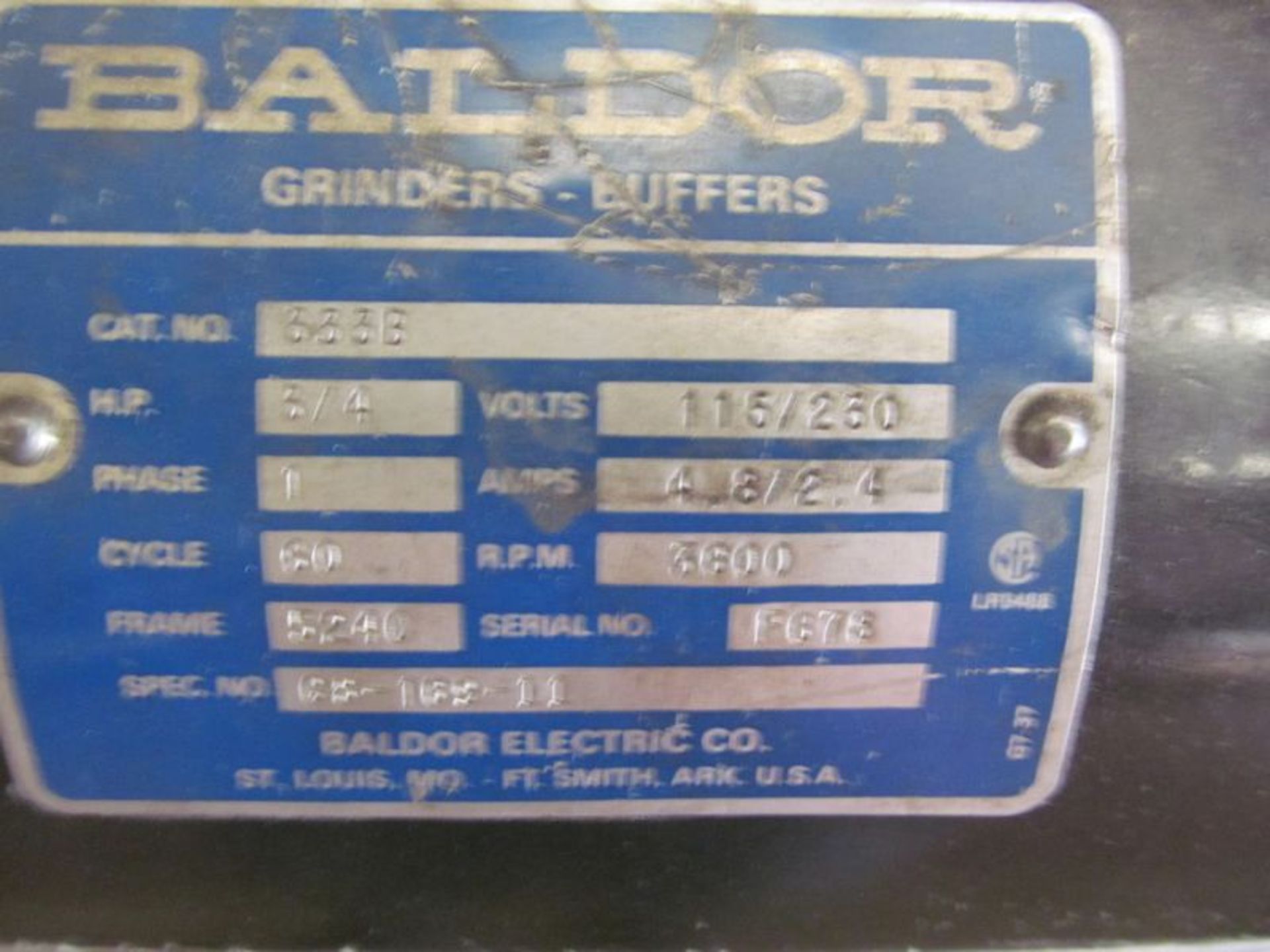 Baldor double end pedestal grinder, Cat. No. 333B, 3/4 HP, 1 PH, 3,600 RPM - Image 2 of 2