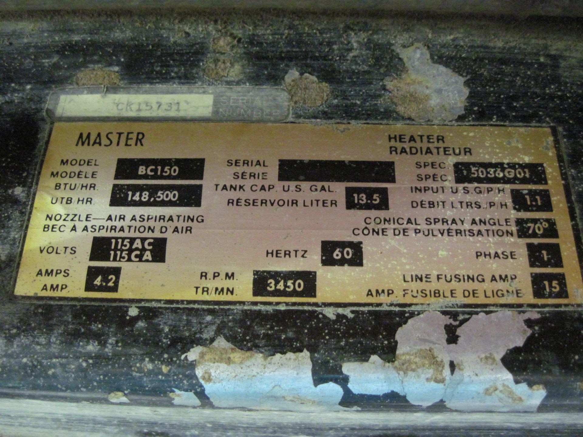Koehring Master BC150 Kerosene Heater, 120v, 148,500 BTU/Hr (Loc. R1EWB5) - Image 2 of 3