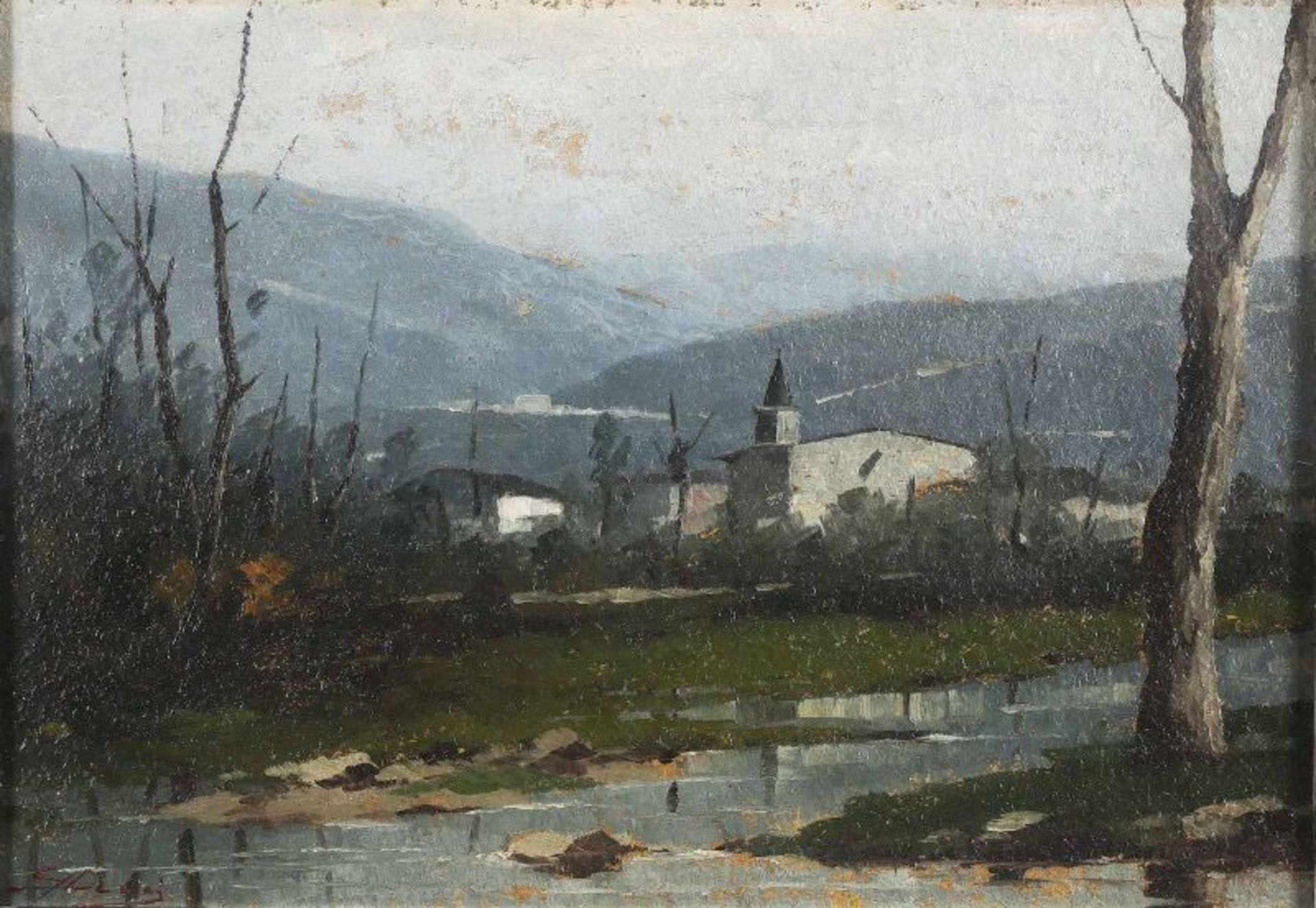 GINO Paesaggio con chiesa. DE LAI GINO (1891 - 1960) Paesaggio con chiesa. Olio su cartone