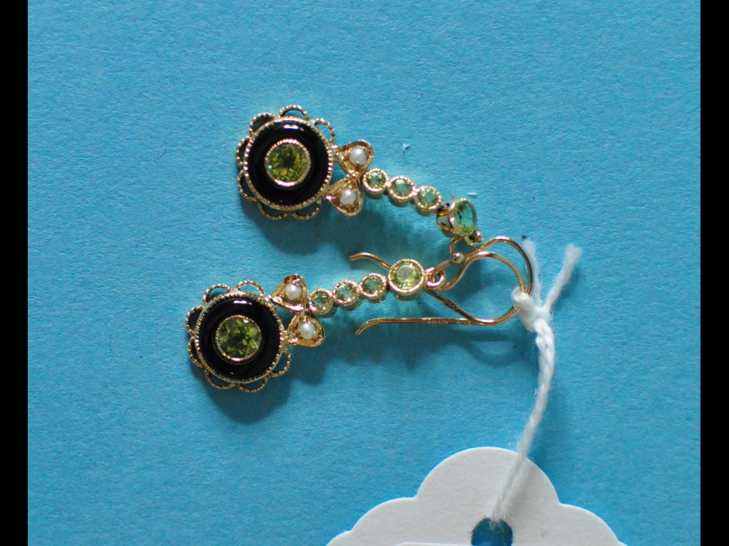 A pair of 9ct gold, peridot, pearl and o