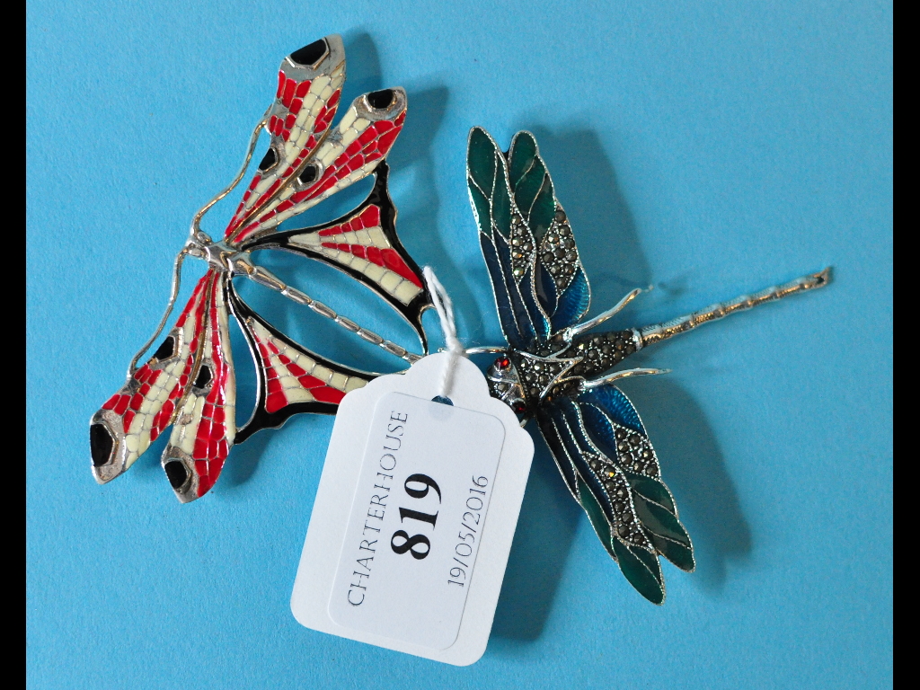 Two silver and enamel bug brooches