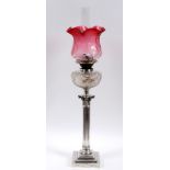 A late Victorian plated Corinthian column table oil lamp,