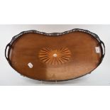 An Edwardian inlaid mahogany kidney shaped tray, with a plated gallery,