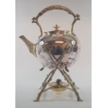 A silver plated kettle on stand, with burner, 35 cm wide, a large silver plated two handled tray,