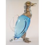 A blue and clear glass decanter, with plated mounts, in the form of a duck,