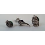 Three silver novelty bird pincushions