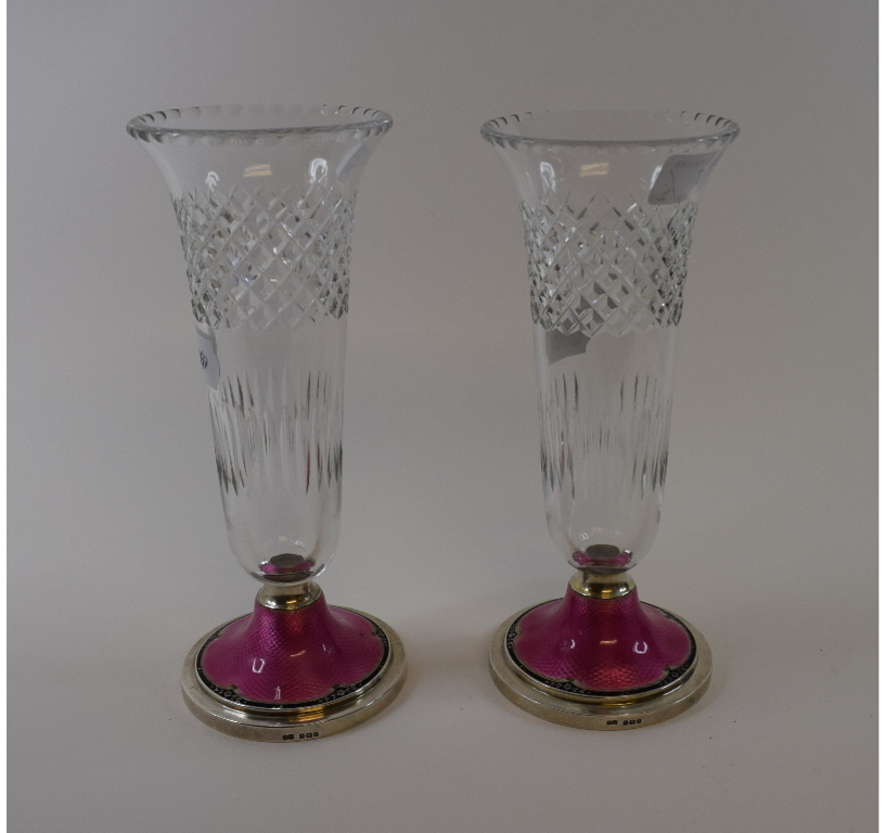 A pair of glass vases, on silver bases with enamel decoration, Birmingham 1926, - Image 3 of 3