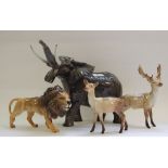 A Beswick Elephant, trunk stretching, large, 998, a Lion, facing right, 1506, a Stag, 981,
