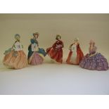 Five Royal Doulton figures, Chloe, HN1479, Lilac Time, HN2137, Delphine, HN2136, Janet, HN1537,