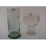 An etched glass vase, decorated a three masted ship, 25 cm high, and a large glass wine goblet,