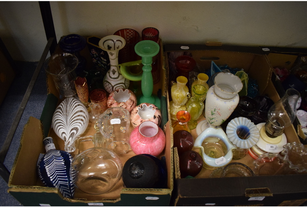 A pair of cranberry glass vases, two glass flasks, a decanter and stopper, - Image 5 of 7