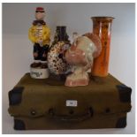 A Rye pottery turkey, other ceramics, glass, a green leather travelling case, a picnic set,