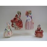 A Royal Doulton figure, Miss Demure, HN1402, and three others, Top o' the Hill, HN1834, Babie,