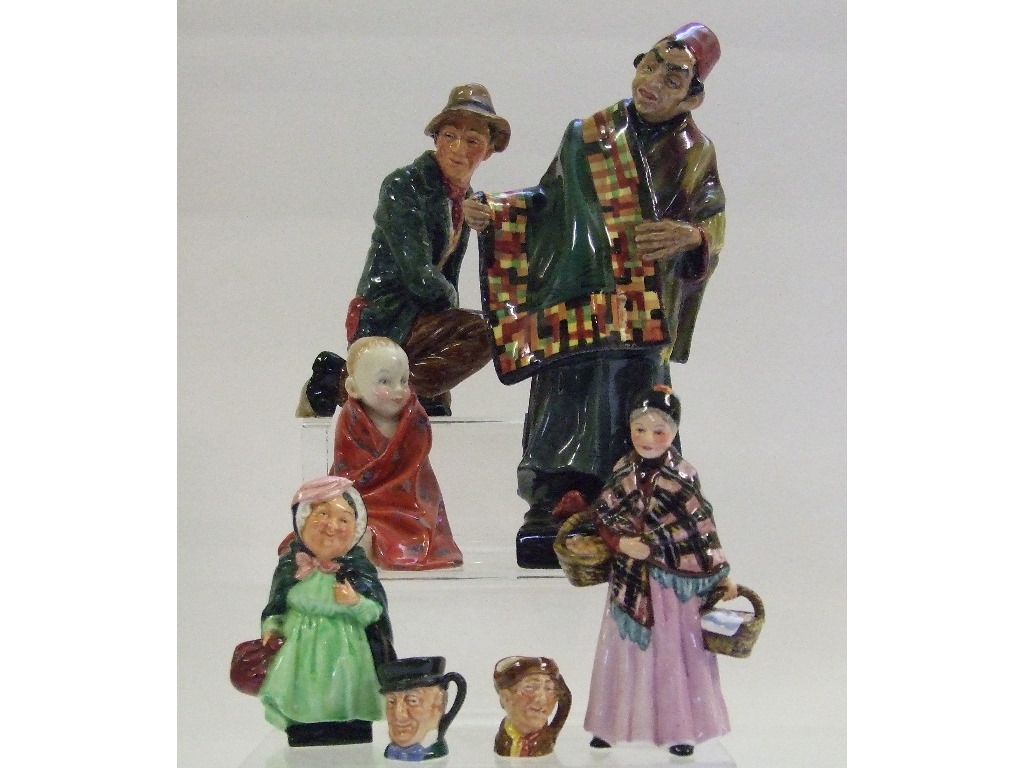 A Royal Doulton figure, Carpet Seller, HN1404, two tiny character jugs, - Image 3 of 3