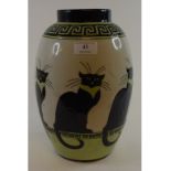 A pottery vase, decorated black cats,