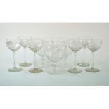 A set of three cut glass rummers, each etched a spaniel, 13 cm high, and six other glasses,