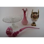 A pink and white glass pipe, similar vases, a millefiori glass paperweight, other glass,