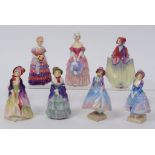 Seven Royal Doulton miniature figures, including Veronica, M64, and Priscilla,