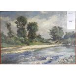 Attributed to Ronald Ossory Dunlop, river landscape, oil on board, signed,