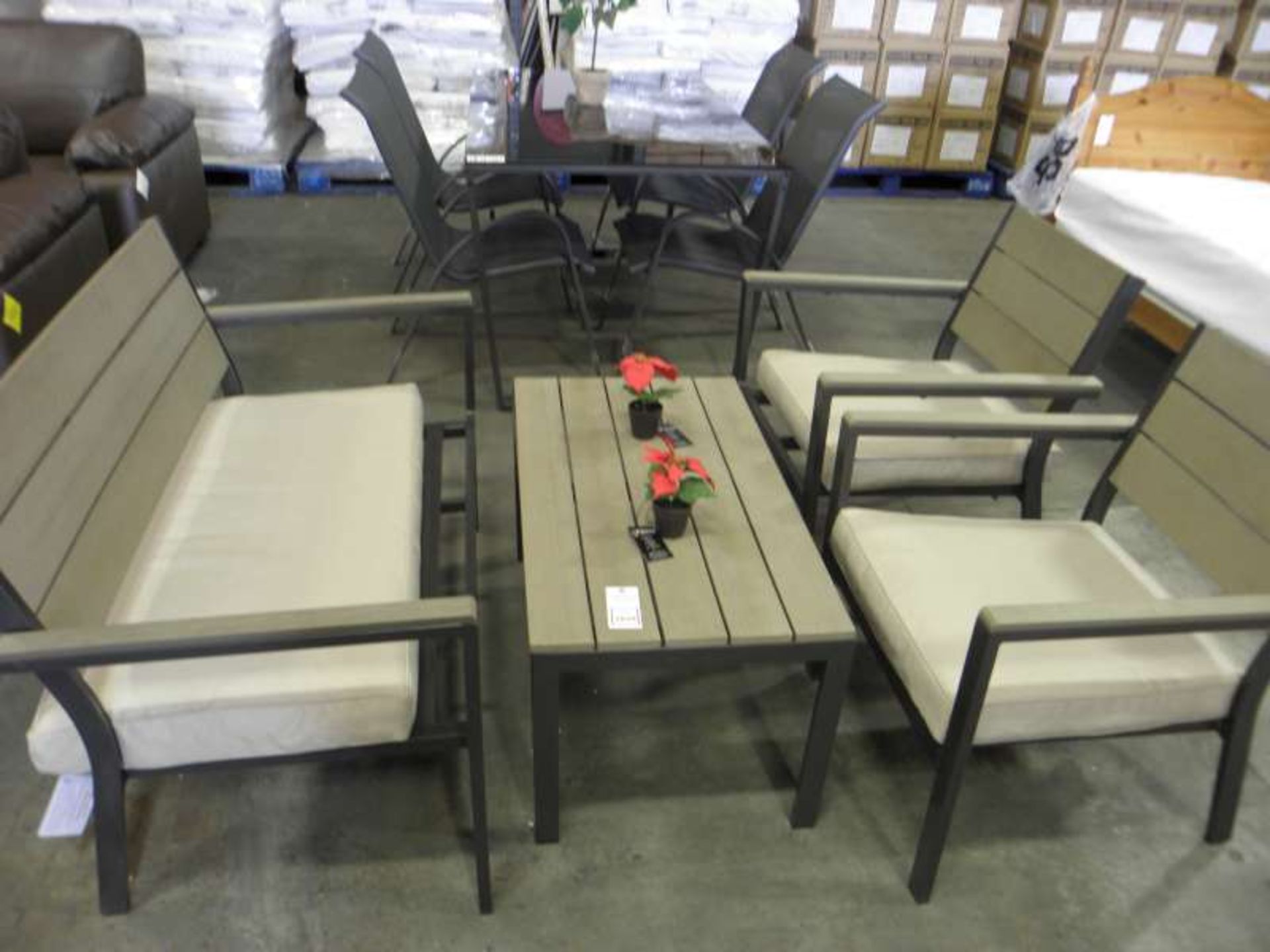 OUTDOOR GARDEN SET CONTAINING TABLE, 2 X SEATER BENCH AND 2 X SINGLE CHAIRS
