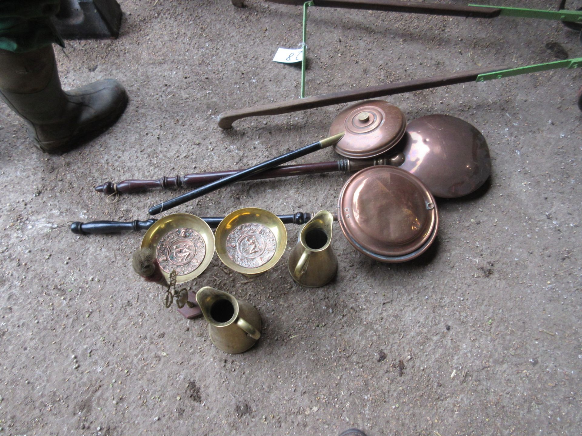 3no. Brass bed warmers and various brass ware including jugs, candlesticks etc.