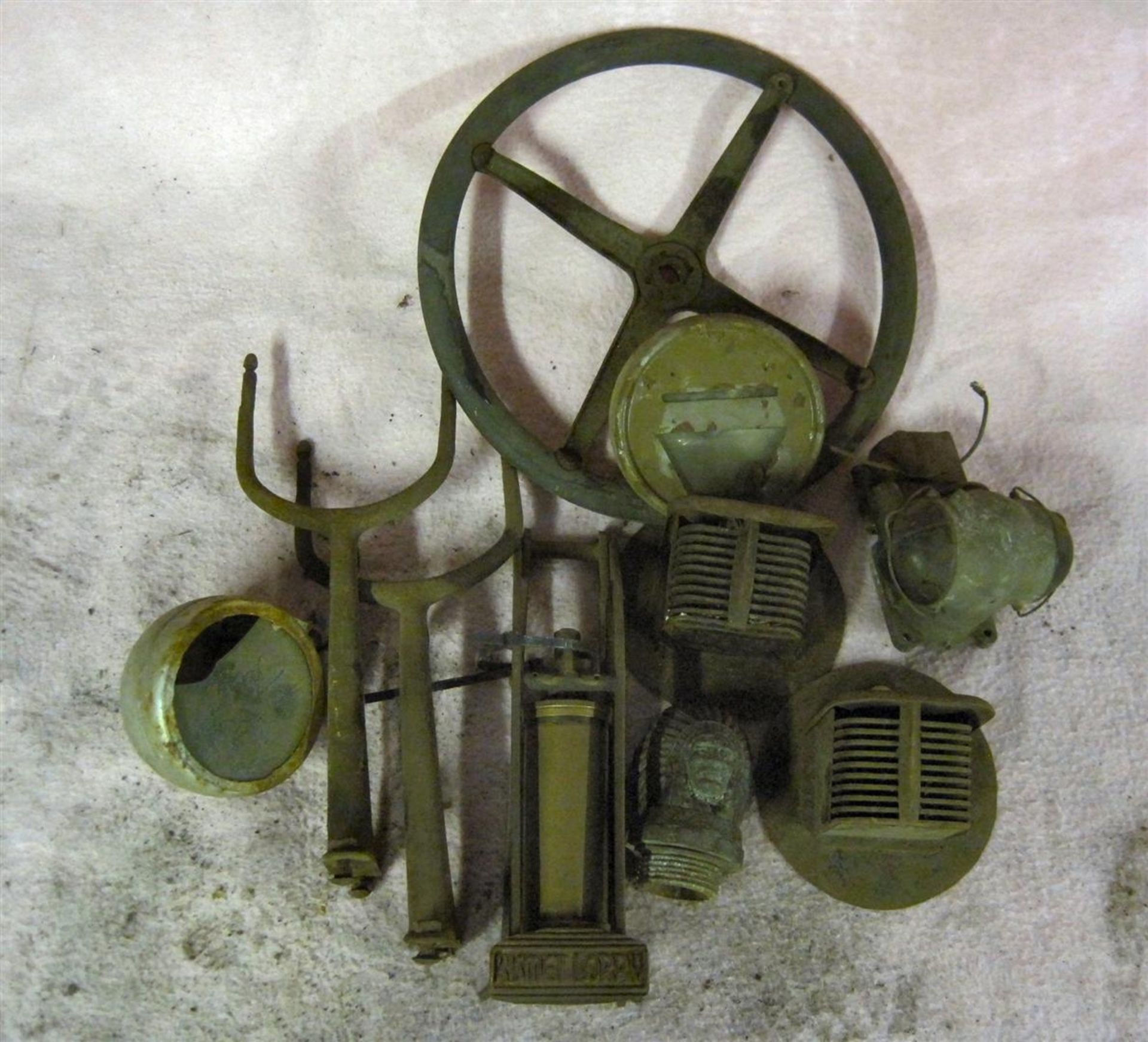 Quantity of automobilia to include blackout headlamps, foot pump, steering wheel, Guy Motors