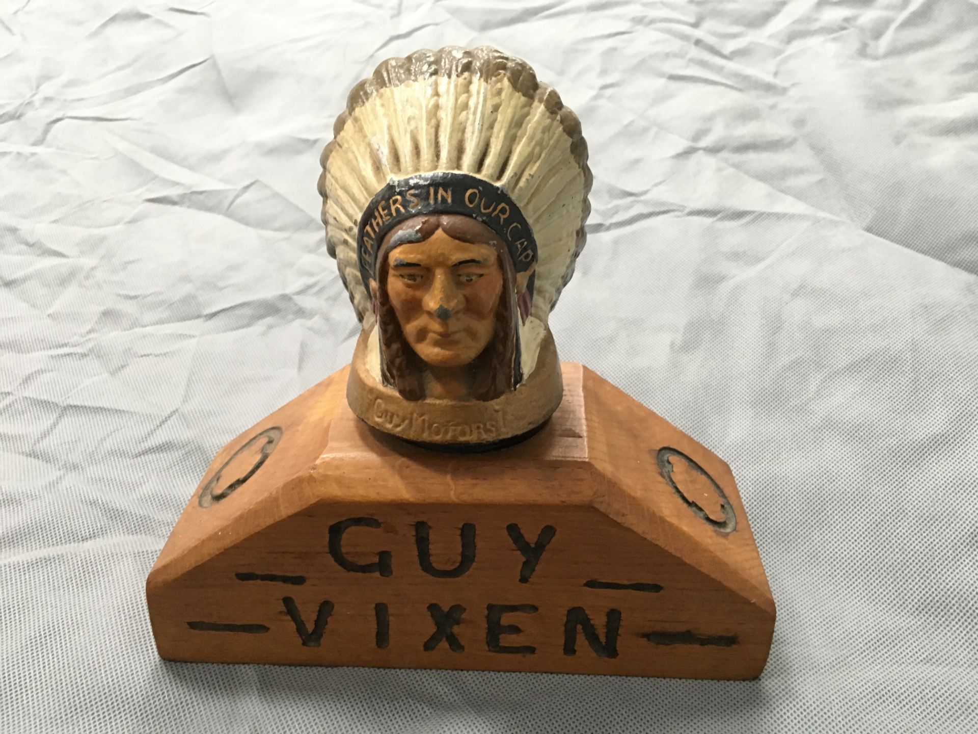Guy Vixen radiator mascot 'Feathers in our Cap' painted and on wooden base