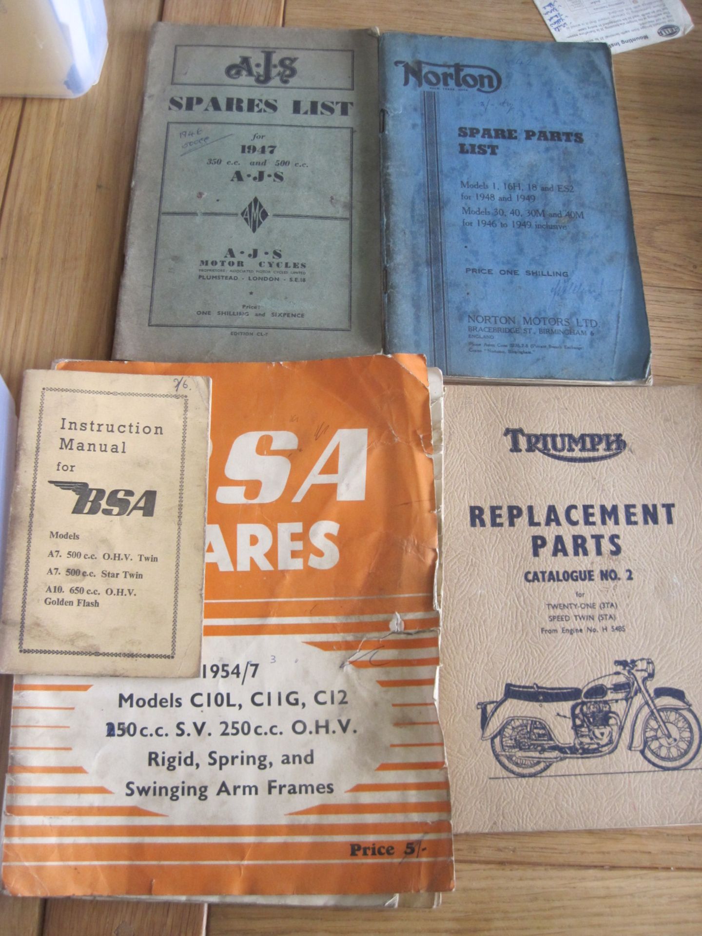 Norton, AJS, Triumph, BSA spares lists & instructions (5) 1940s/1950s
