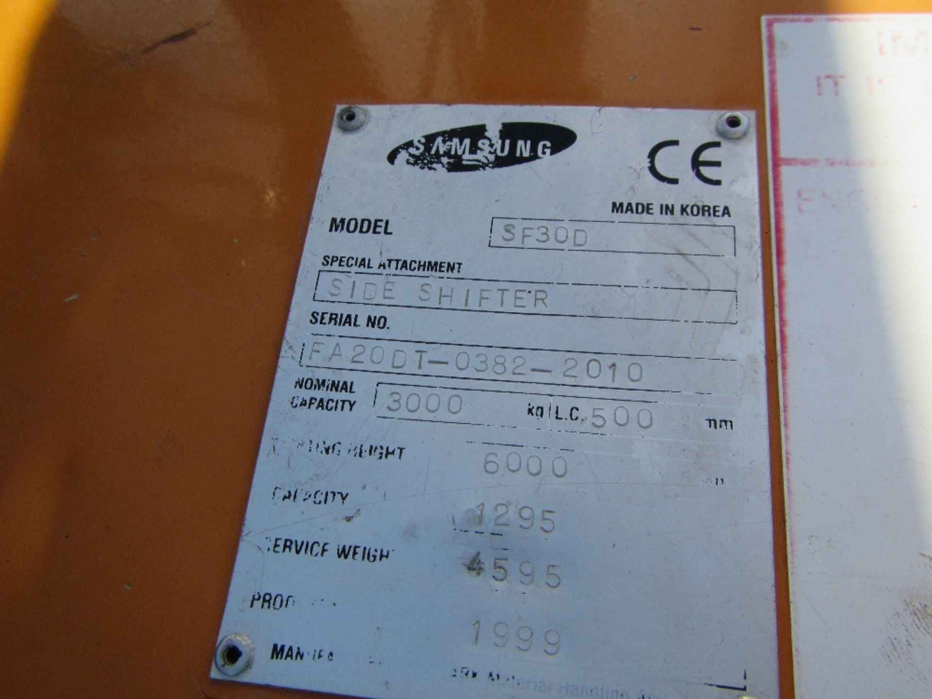 Samsung SF30D Diesel 3 Ton Forklift Truck Reg. No. FAZ 0DT Ser. No. 0382/2010 - Image 3 of 4