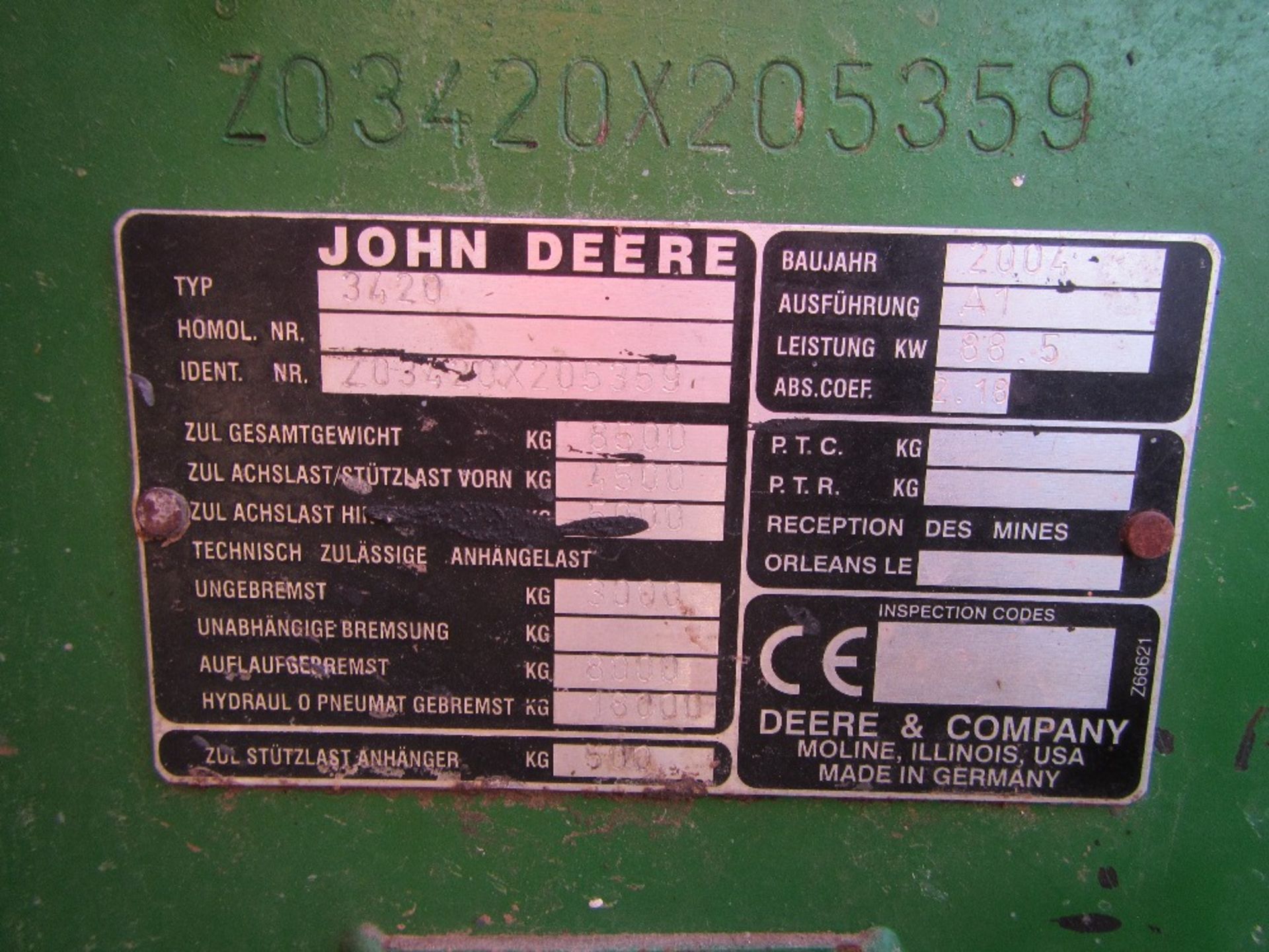 2004 John Deere 3420 Ag Spec 40k Telehandler with Air Con, Pick Up Hitch & Grain Bucket. Reg. No. - Image 3 of 5