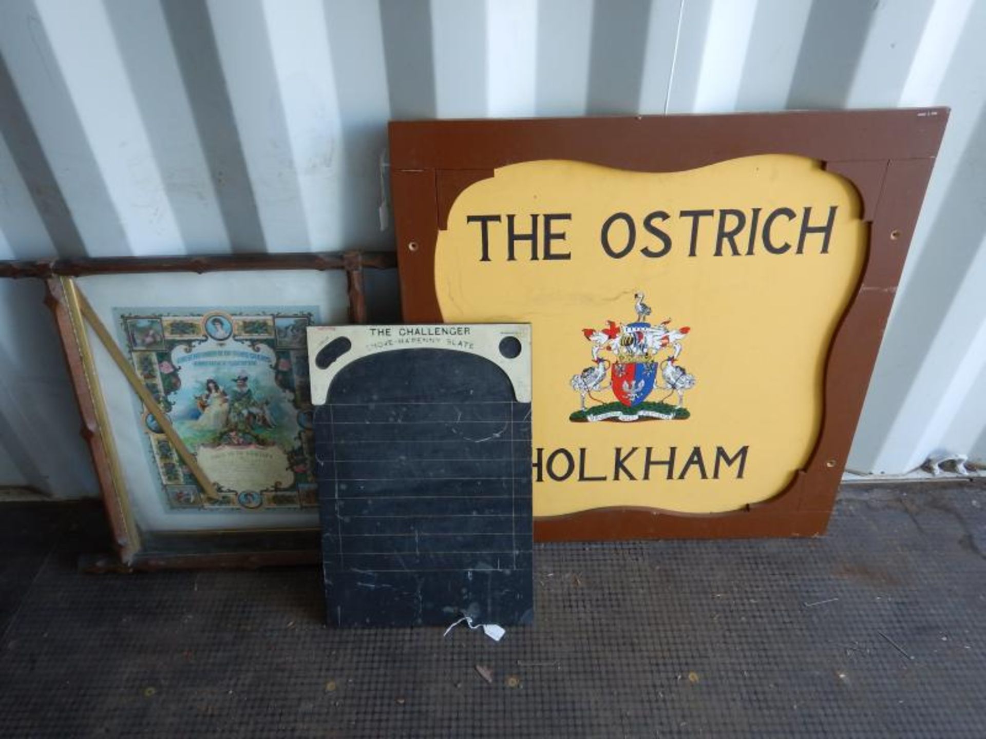 'The Ostrich, Holkham' wooden board with Bygones Exhibition plan t/w shove-Ha'penny slate and