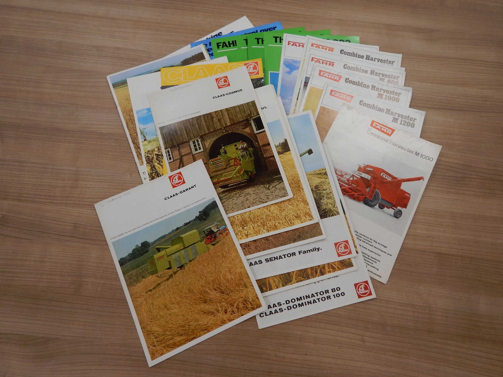 Quantity Claas and Fahr combine harvester colour brochures to include models Cosmos, Garant,