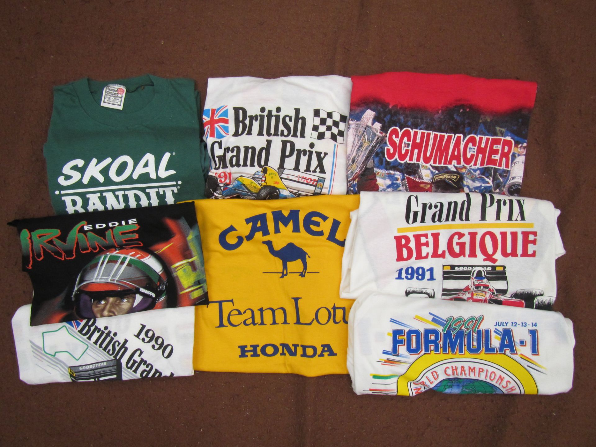 Quantity Formula 1 t-shirts to include; Eddie Irvine, Schumacher, British GP, Belgique GP, Camel