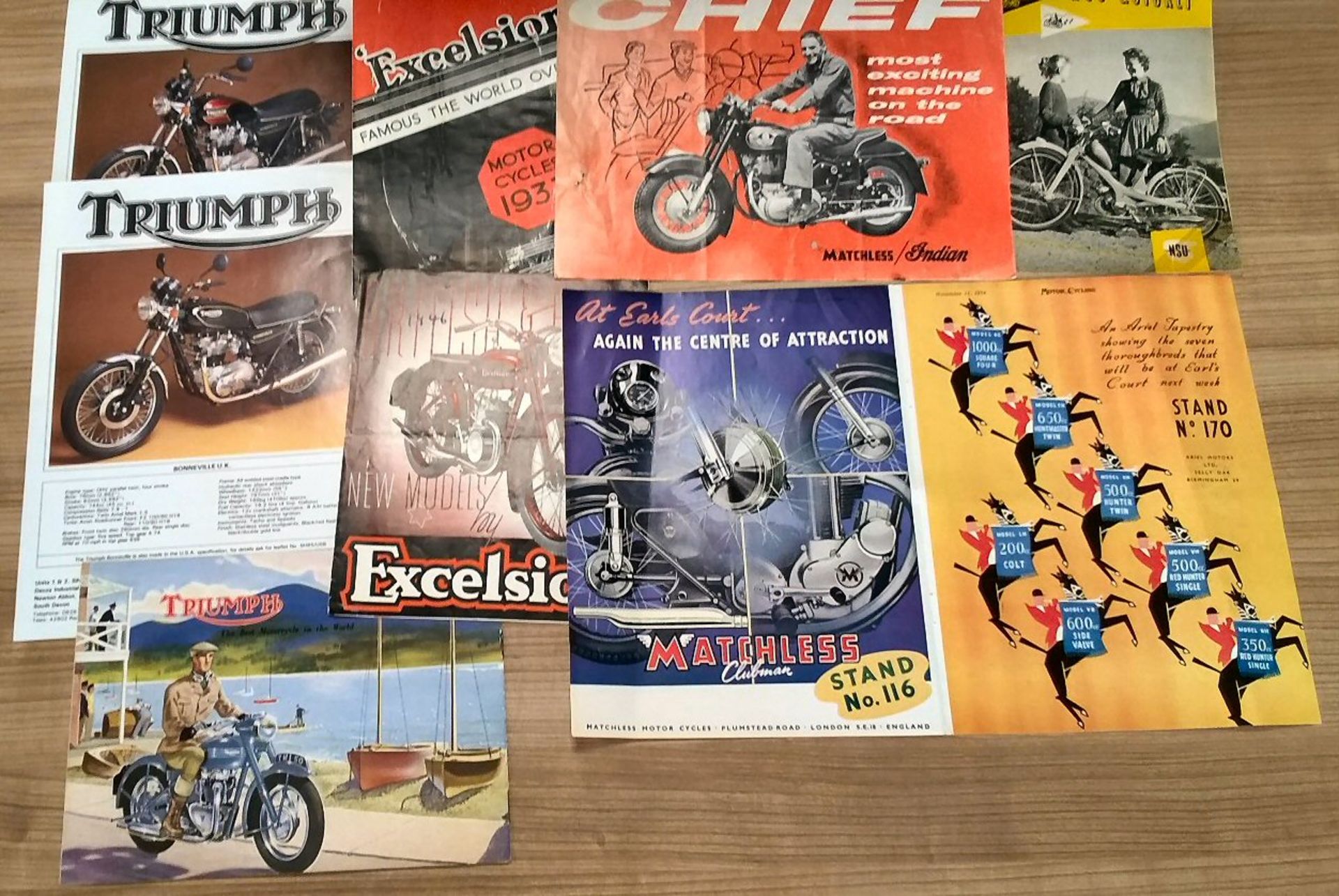 Original sales brochure to include Excelsior 1933 & 1946, Triumph 1950, Matchless/Indian etc.