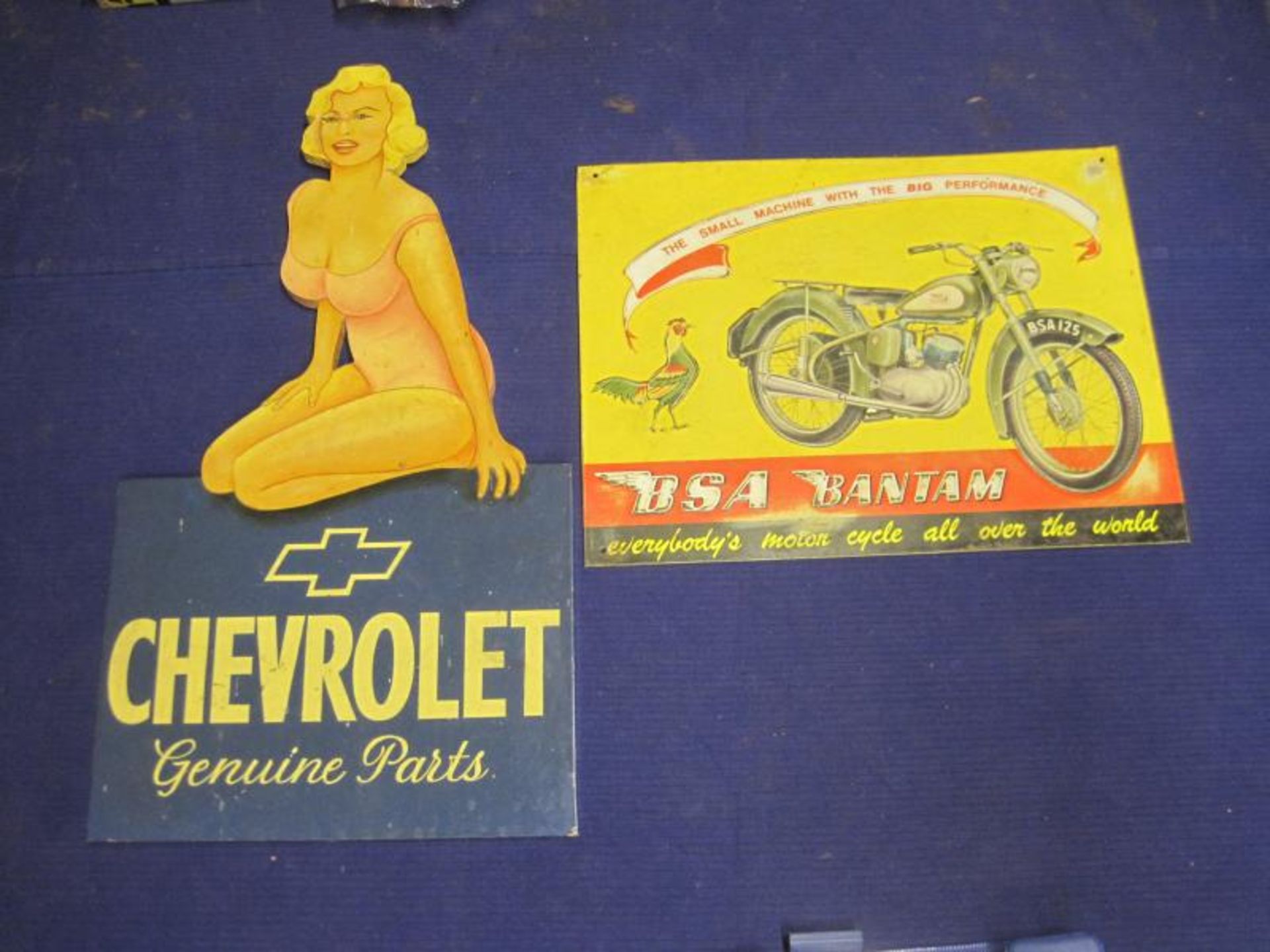 Chevrolet Genuine parts, a pictorial wooden sign t/w a BSA Bantam tin sign (repro)