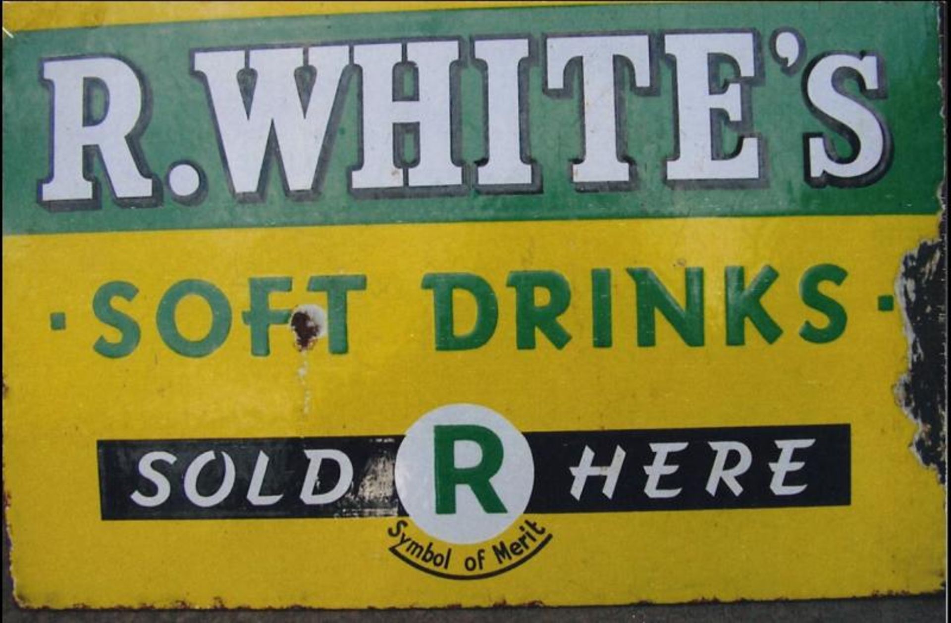 R Whites soft drinks sold here, double sided enamel sign 12' x 18'