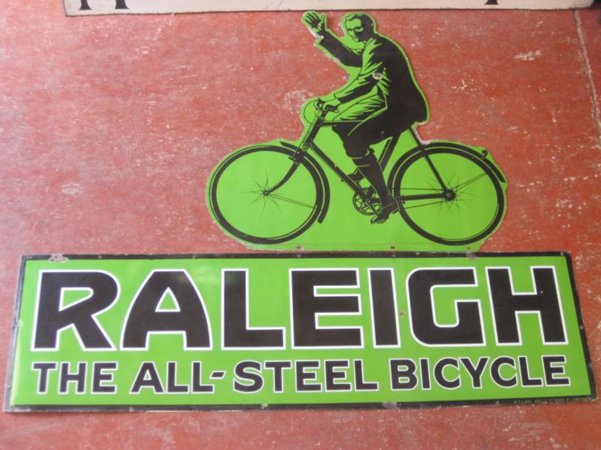 Raleigh The All-Steel Bicycle, a spectacular 2 part pictorial sign the profile of the cyclist