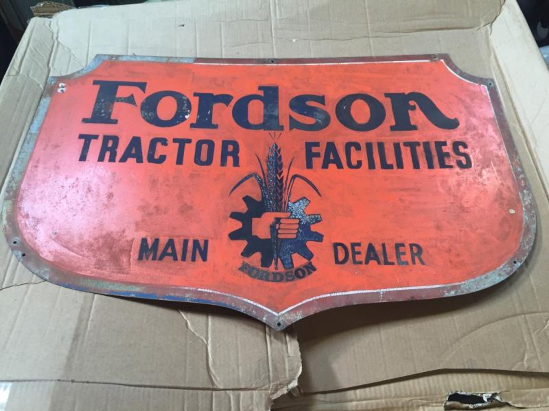 Fordson Tractor Facilities, a shield shaped dealer double sided tin sign with the reverse 'We Have A