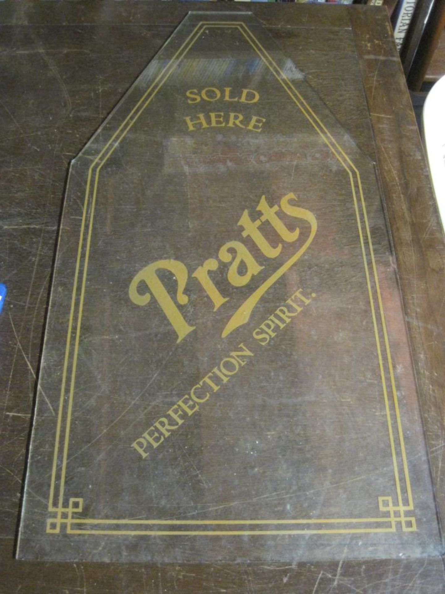 Pratt's Perfection Spirit Sold Here, an etched glass panel 16 x 30 inches