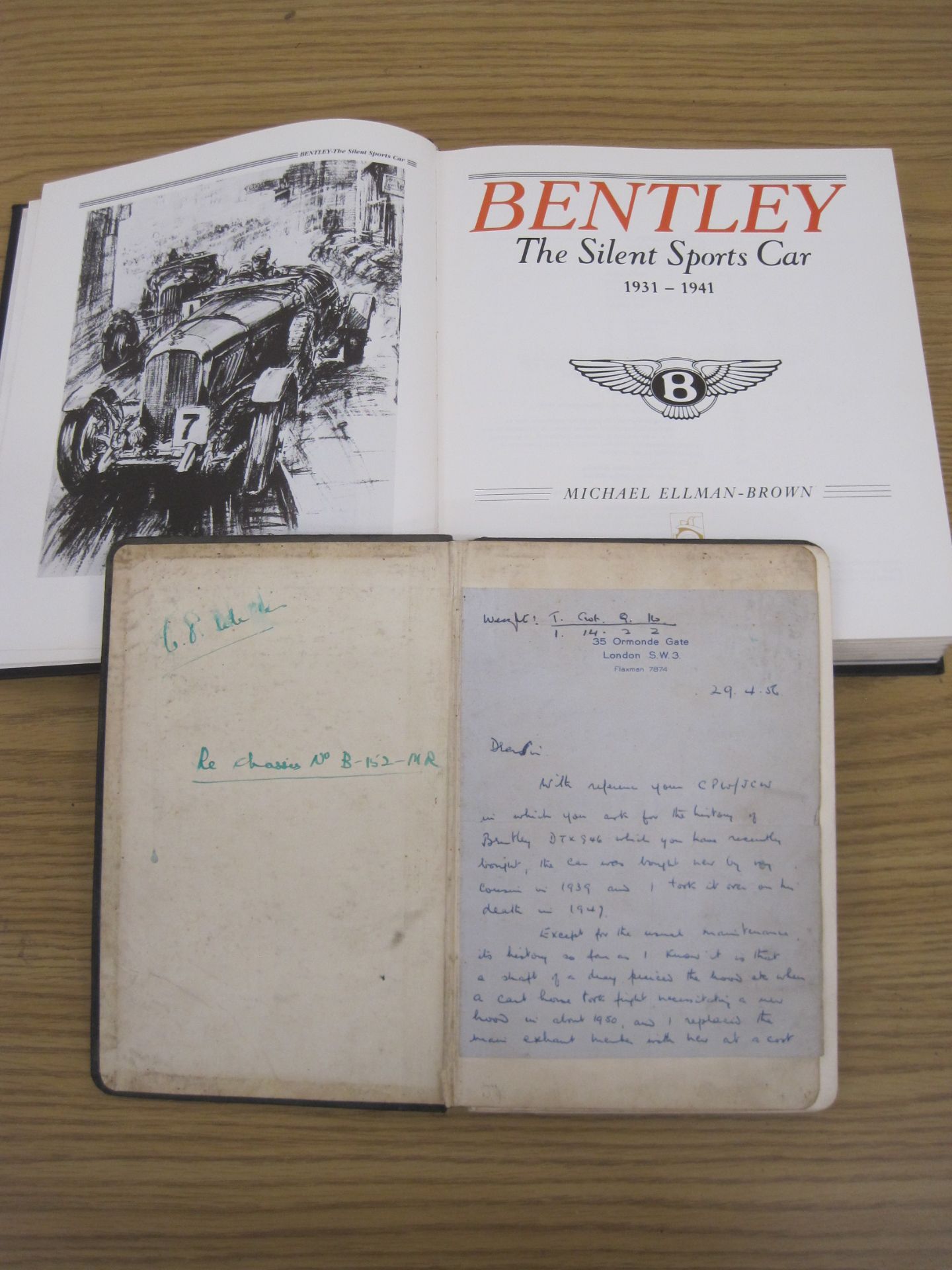 Bentley 4 1/4 litre handbook relating to car DTX 946 (B-152-MR) c/w 1956 letter from a former