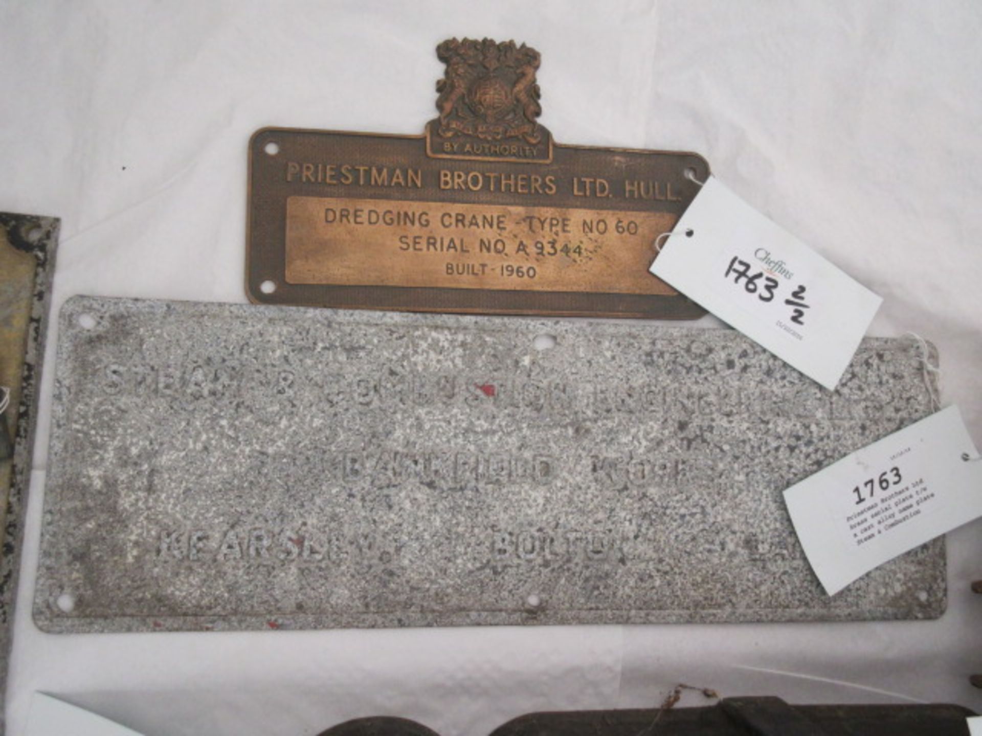 Priestman Brothers Ltd brass serial plate t/w a cast alloy name plate Steam & Combustion Engineering