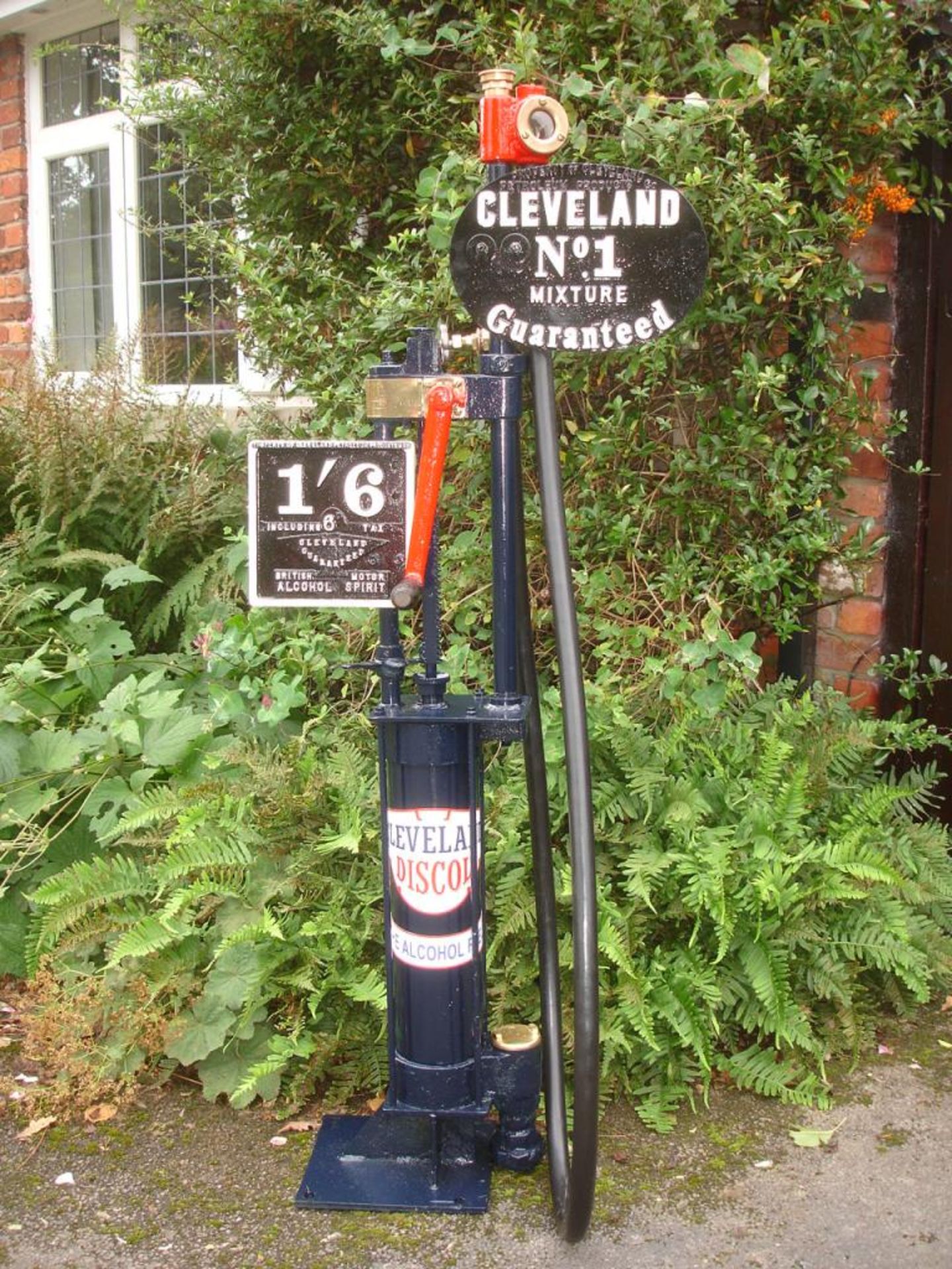 Godwin 1gallon petrol pump in Cleveland colours with Cleveland No.1 brand plate & price plate