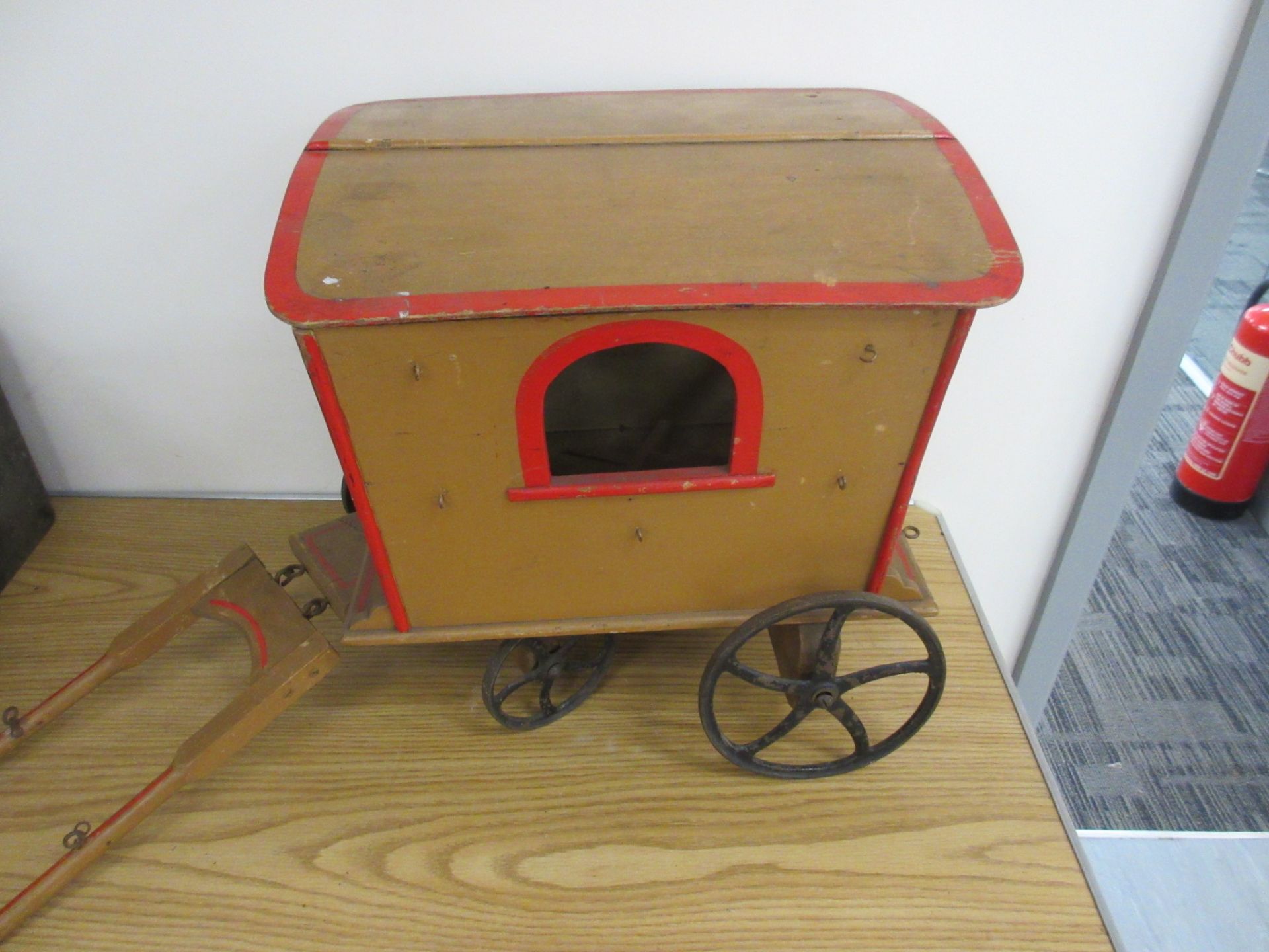 Wooden constructed model of a 4 wheel horse drawn carriage